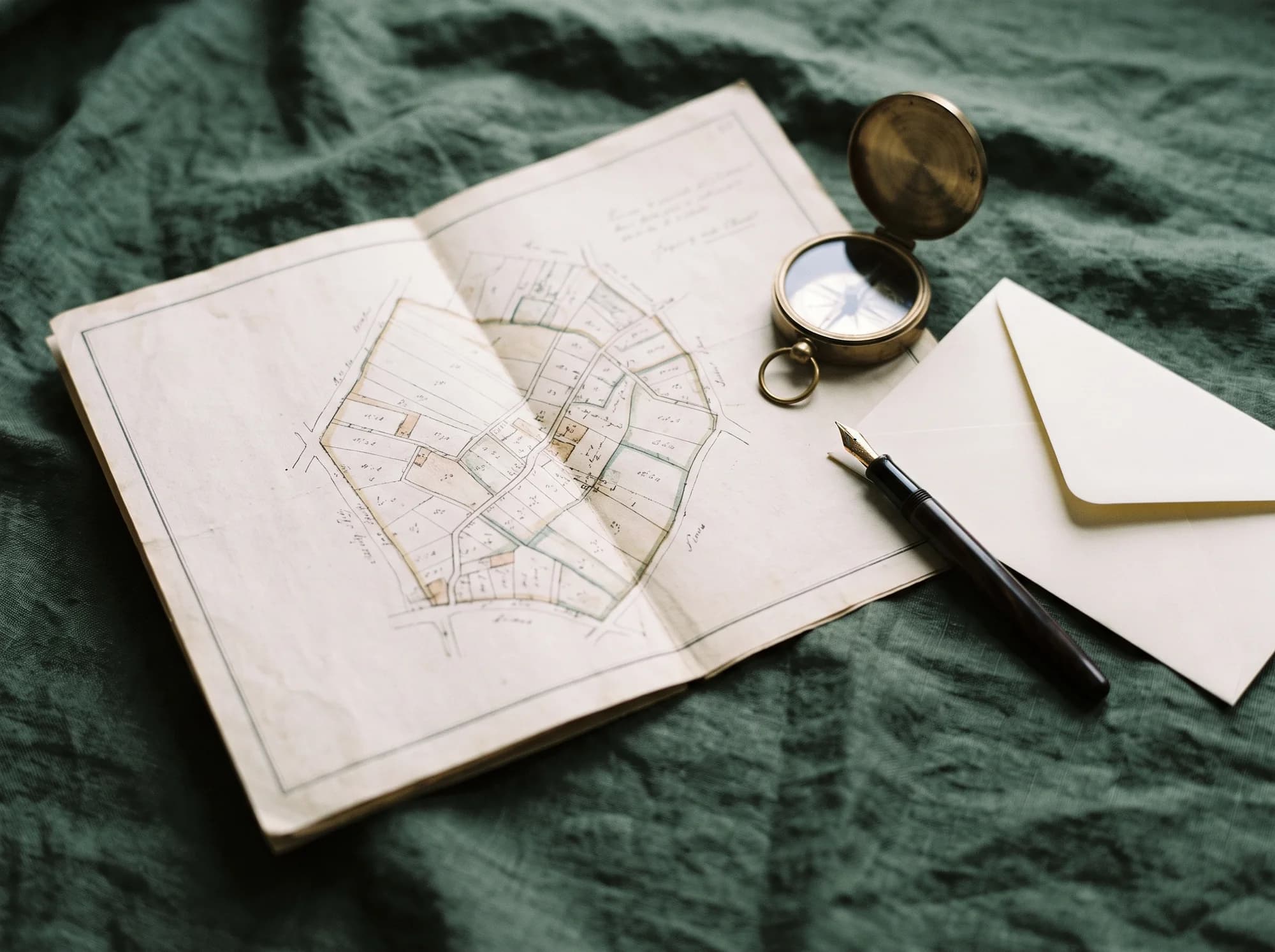 Plan cadastral ancien, boussole en laiton, stylo plume et enveloppe sur un lin vert
