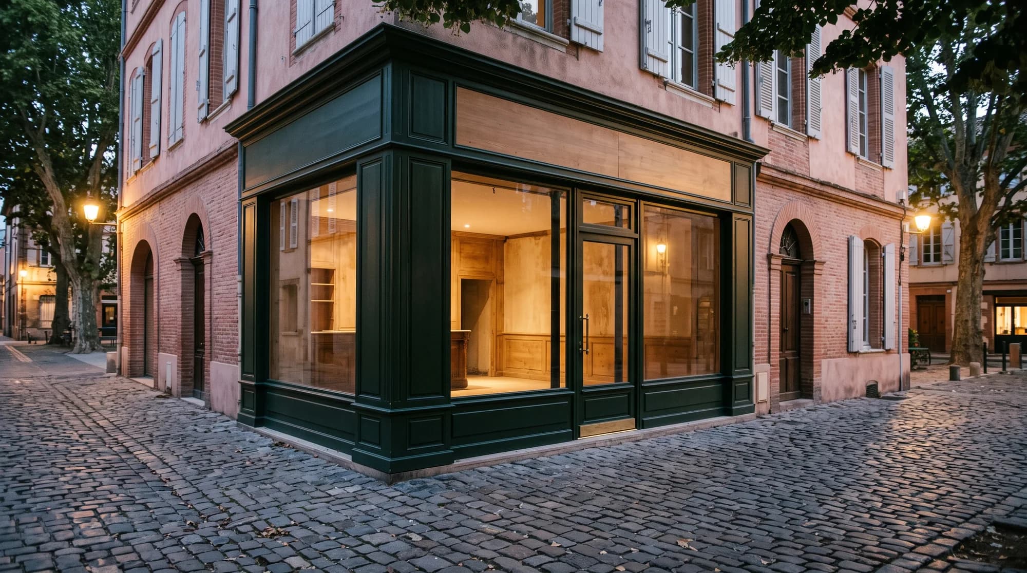 Vitrine commerciale vide à encadrement vert sombre, à l'angle d'une rue pavée toulousaine
