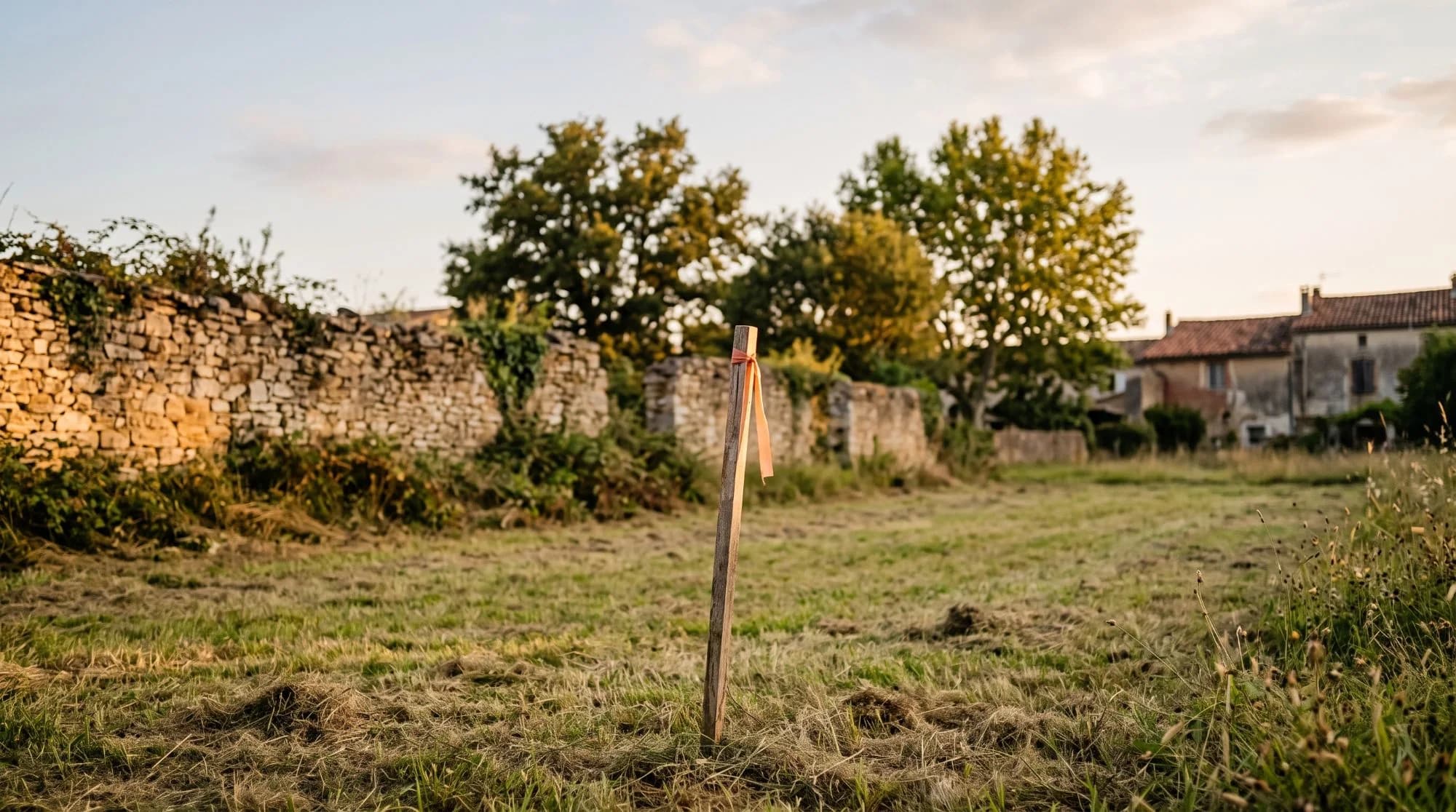 Terrain à bâtir en bordure de village, piquet de géomètre et vieux mur de pierre
