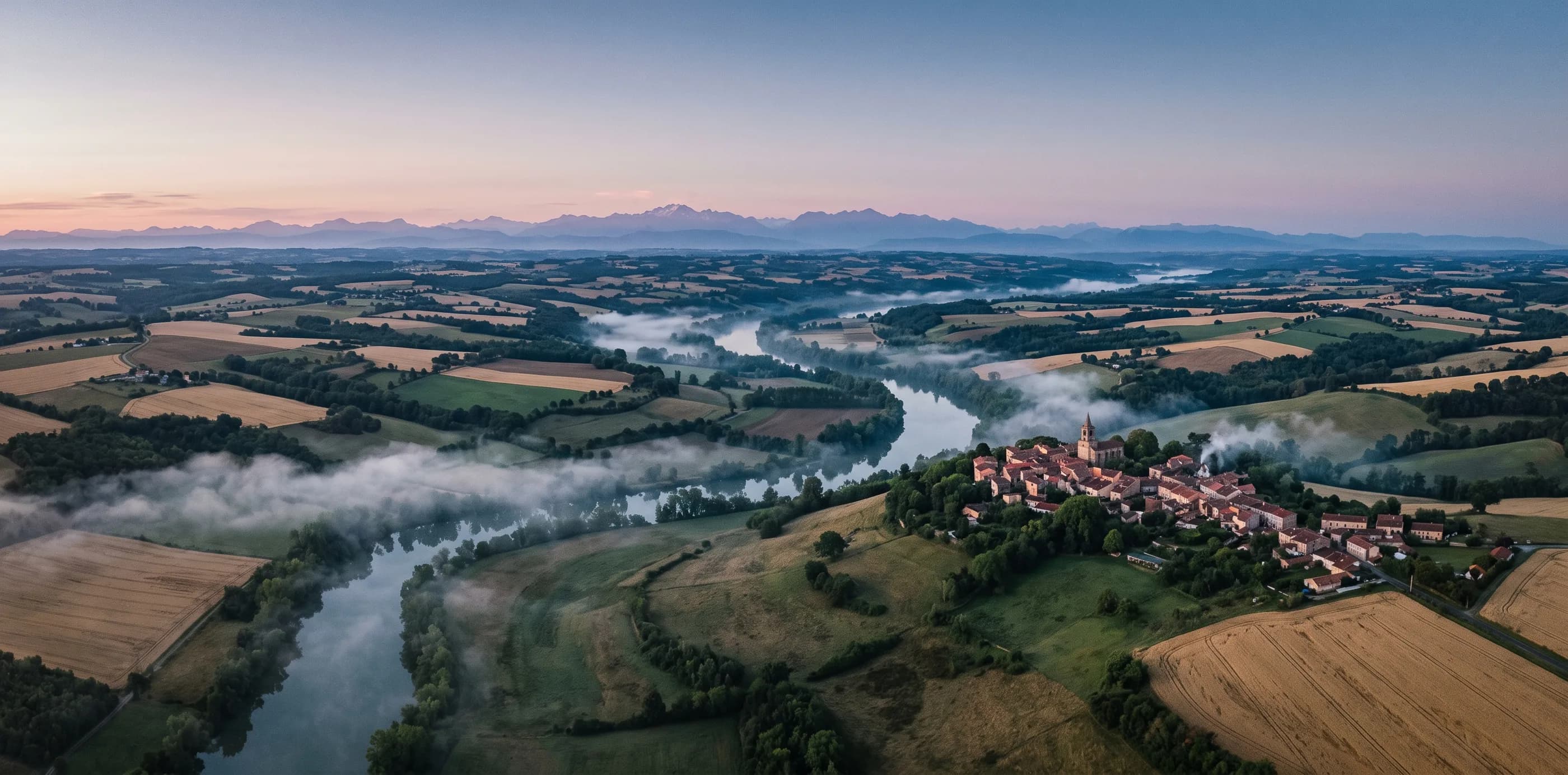 La Garonne au petit matin, village perché et Pyrénées à l'horizon