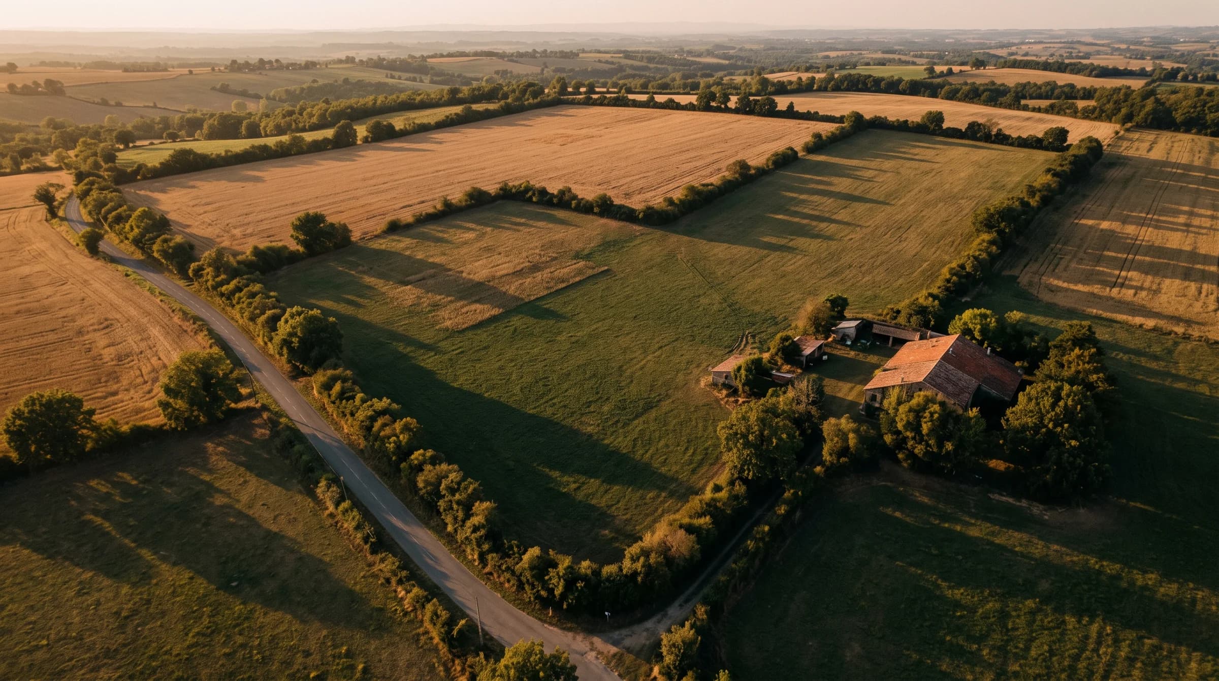 Parcelle bordée de haies au coucher du soleil, vue du ciel